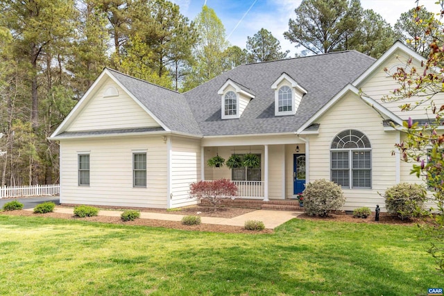 cape cod-style house featuring covered porch, a front yard, fence, and roof with shingles