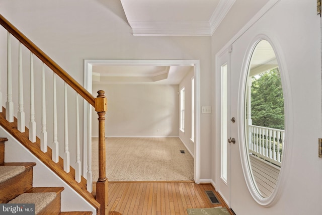 168 Sequester Dr, Stafford, VA 22556 - foyer entrance featuring crown molding, light wood-style flooring, stairway, and baseboards