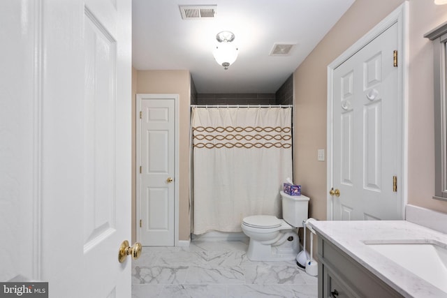 168 Sequester Dr, Stafford, VA 22556 - bathroom featuring vanity, marble look tiles, toilet, and a shower with curtain