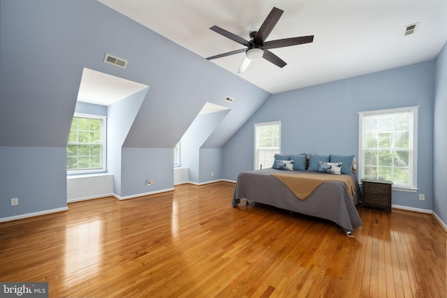 168 Sequester Dr, Stafford, VA 22556 - bedroom with light wood-style flooring, vaulted ceiling, baseboards, and a ceiling fan