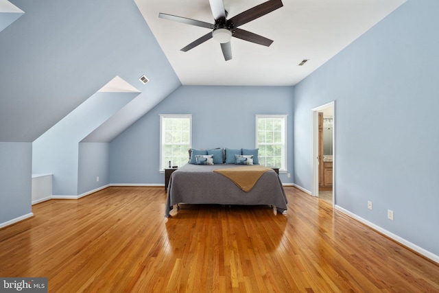 168 Sequester Dr, Stafford, VA 22556 - bedroom with vaulted ceiling, light wood finished floors, baseboards, and ceiling fan