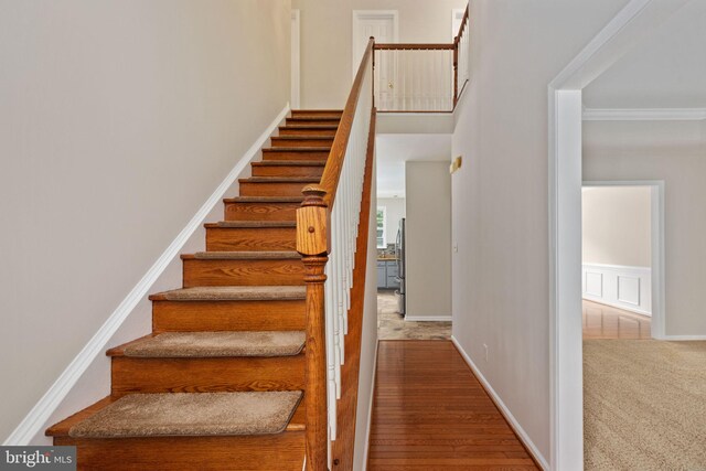 168 Sequester Dr, Stafford, VA 22556 - stairs featuring ornamental molding and wood finished floors