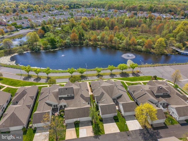 bird's eye view with a residential view, a view of trees, and a water view