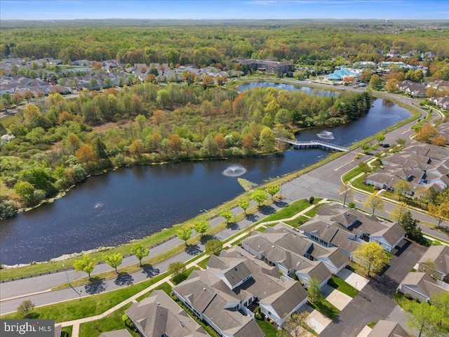 bird's eye view with a residential view, a water view, and a wooded view