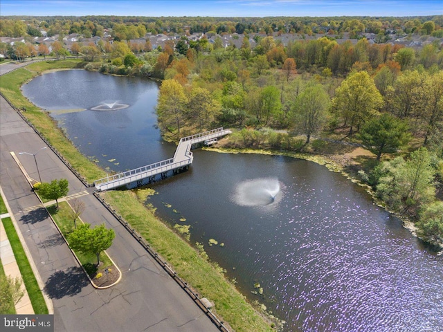 aerial view featuring a water view and a forest view