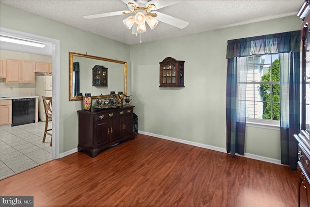 interior space with light wood-style floors, a textured ceiling, baseboards, and ceiling fan