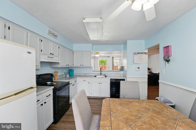 kitchen featuring a sink, dark wood-style flooring, under cabinet range hood, a ceiling fan, and black appliances