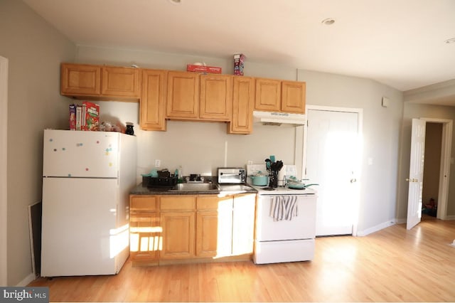 kitchen featuring light wood-style flooring, a sink, baseboards, under cabinet range hood, and white appliances