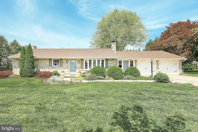 ranch-style home with a chimney, an attached garage, a front lawn, and stone siding
