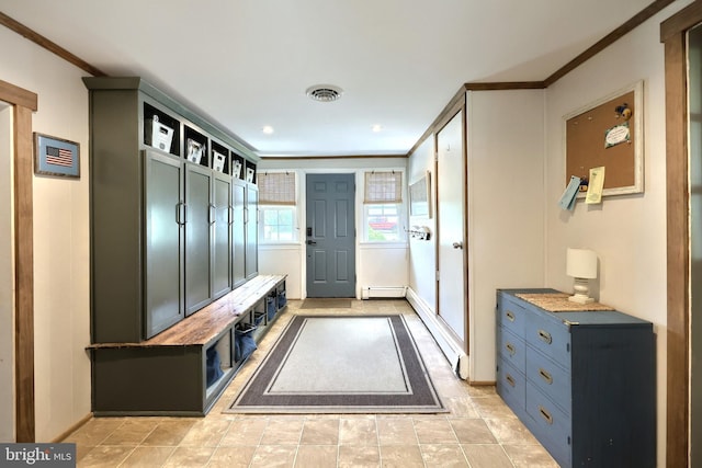 mudroom with crown molding, baseboards, a baseboard radiator, and visible vents