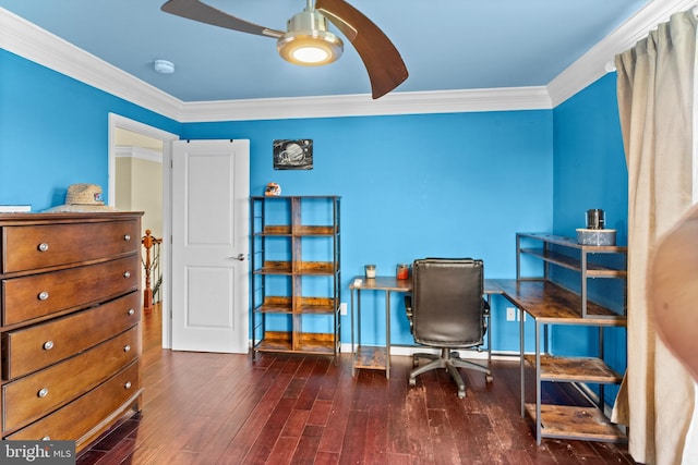 office area featuring hardwood / wood-style floors, ceiling fan, and crown molding