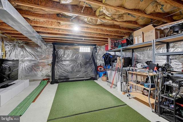 basement with golf simulator