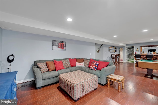 living room featuring recessed lighting, billiards, and wood finished floors