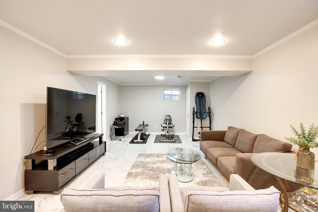 living room featuring ornamental molding, recessed lighting, marble finish floor, and baseboards