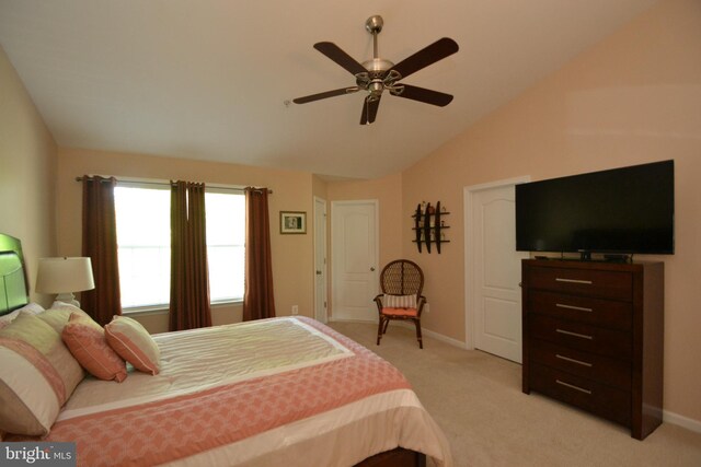 724 Hidden Oak Ln, Glen Burnie, MD 21060 - bedroom featuring light colored carpet, baseboards, vaulted ceiling, and a ceiling fan