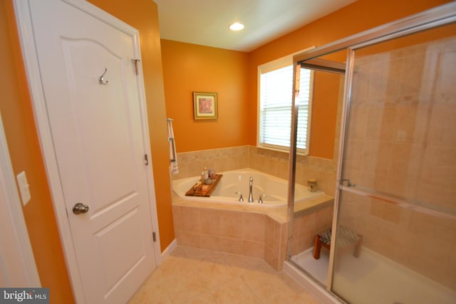 724 Hidden Oak Ln, Glen Burnie, MD 21060 - bathroom featuring tile patterned flooring, a stall shower, a bath, and recessed lighting