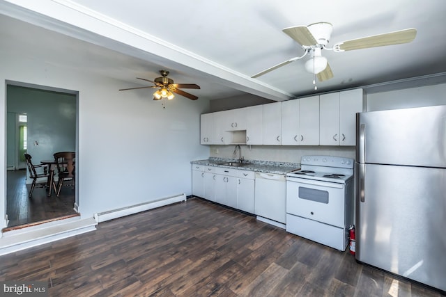 kitchen featuring white appliances, a ceiling fan, baseboard heating, and dark wood-style flooring