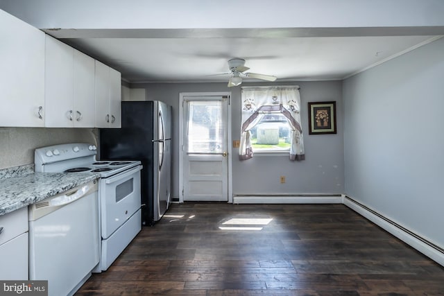 kitchen with white appliances, ceiling fan, crown molding, and baseboard heating