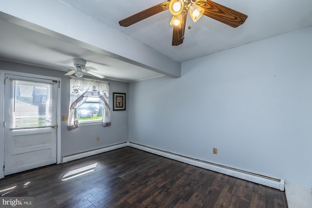 interior space featuring wood finished floors, beamed ceiling, ceiling fan, a baseboard heating unit, and a baseboard radiator