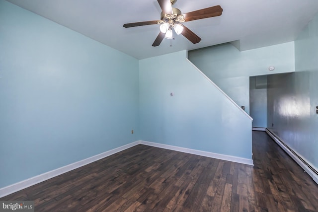 empty room featuring a ceiling fan, dark wood-style flooring, baseboard heating, stairway, and baseboards
