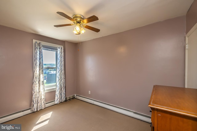 unfurnished room featuring ceiling fan, carpet, and a baseboard radiator