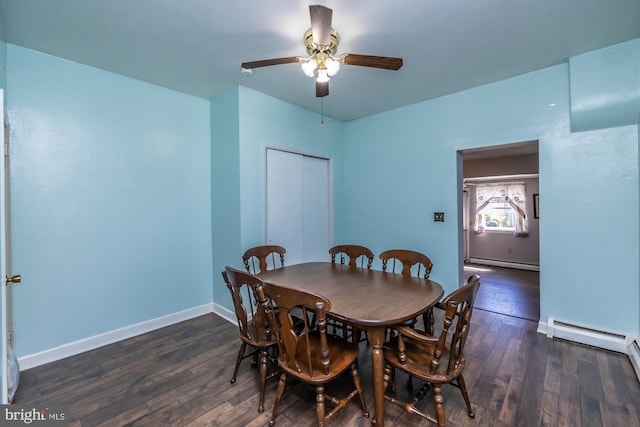 dining space with baseboards, ceiling fan, baseboard heating, and wood finished floors