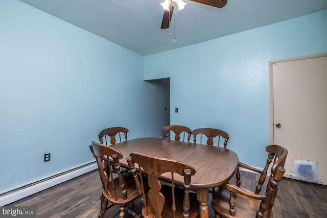 dining room featuring a baseboard radiator, ceiling fan, and wood finished floors