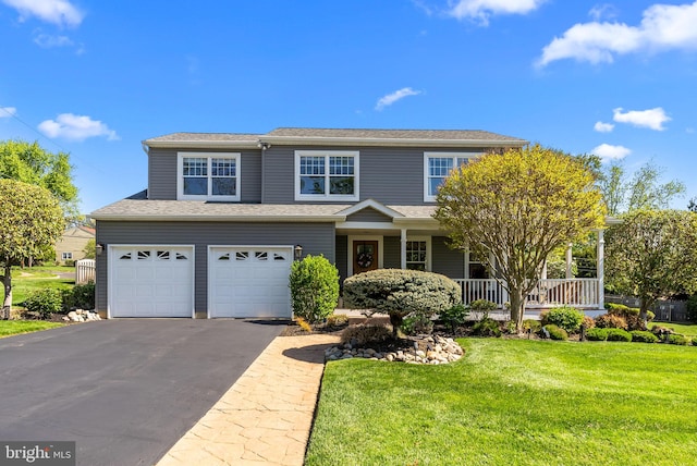 traditional-style home featuring covered porch, a garage, a front yard, and aphalt driveway