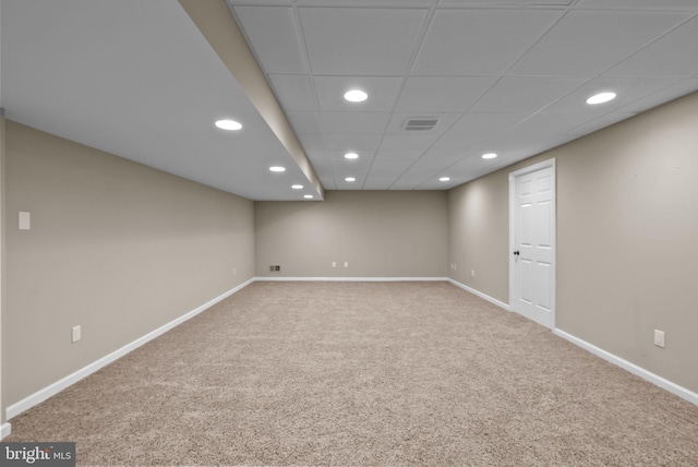 finished below grade area featuring recessed lighting, baseboards, and carpet