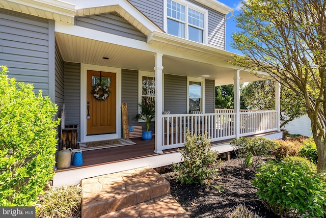 view of exterior entry with a porch