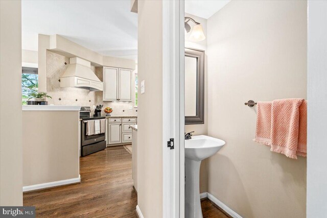 bathroom with backsplash, baseboards, and wood finished floors