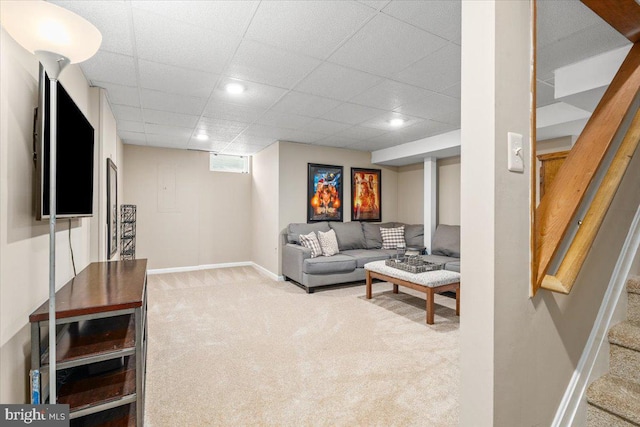 living room featuring carpet floors, recessed lighting, stairs, and baseboards