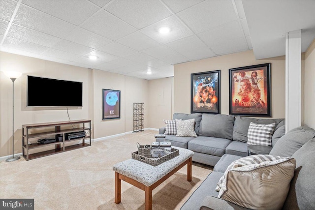 living area with baseboards, carpet flooring, and a drop ceiling