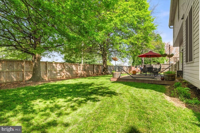 view of yard with a fenced backyard and a deck