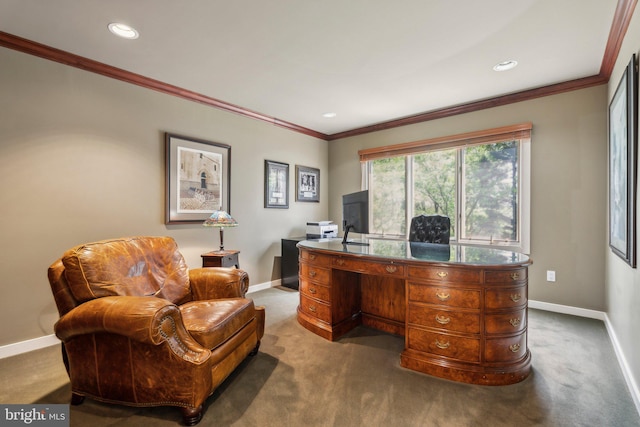 home office with carpet floors, baseboards, and recessed lighting