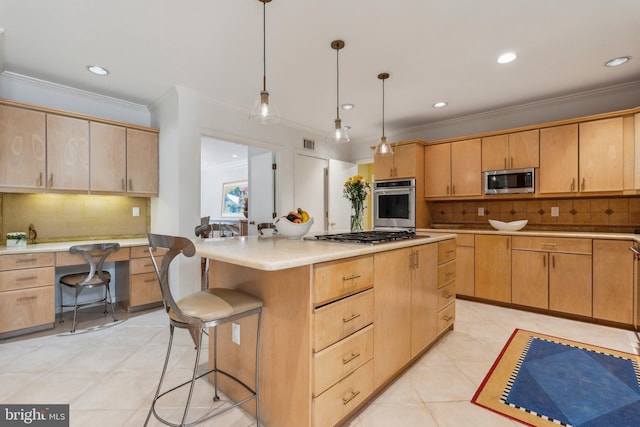 kitchen featuring light countertops, ornamental molding, backsplash, and stainless steel appliances