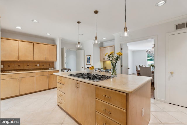 kitchen featuring stainless steel gas cooktop, recessed lighting, visible vents, and light brown cabinets