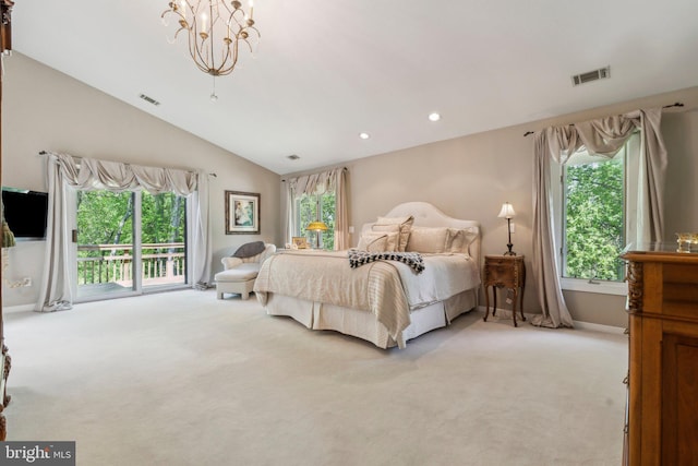 bedroom featuring visible vents, an inviting chandelier, lofted ceiling, access to outside, and light colored carpet