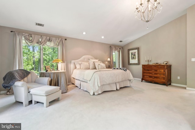 bedroom featuring a notable chandelier, light carpet, baseboards, vaulted ceiling, and visible vents