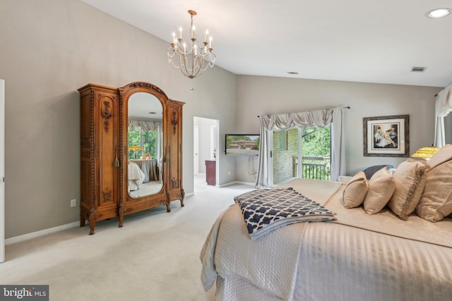 bedroom featuring access to outside, light colored carpet, a chandelier, baseboards, and visible vents