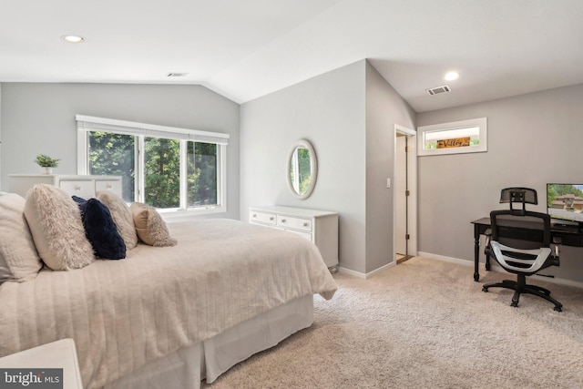 bedroom with visible vents, light carpet, baseboards, recessed lighting, and vaulted ceiling
