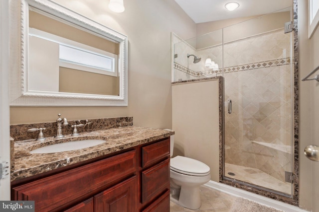 full bath with toilet, a shower stall, and vanity