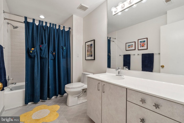 full bathroom with visible vents, tile patterned floors, toilet, and vanity