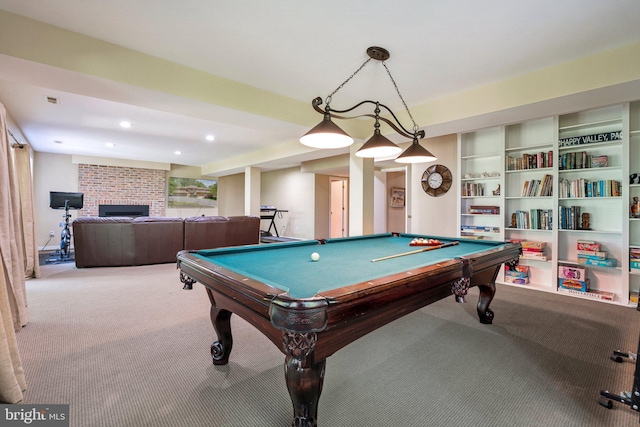 recreation room with recessed lighting, carpet flooring, a brick fireplace, and pool table