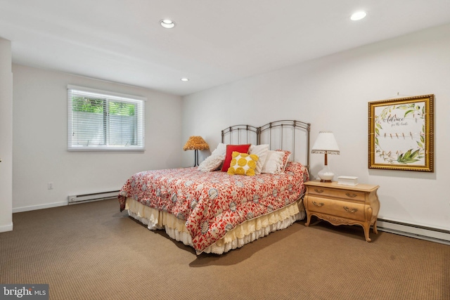 carpeted bedroom with recessed lighting, baseboards, and a baseboard radiator