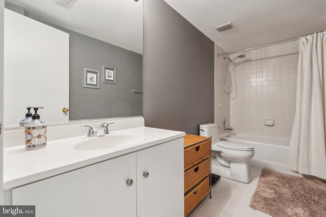 full bath featuring visible vents, tile patterned flooring, shower / tub combo, vanity, and toilet