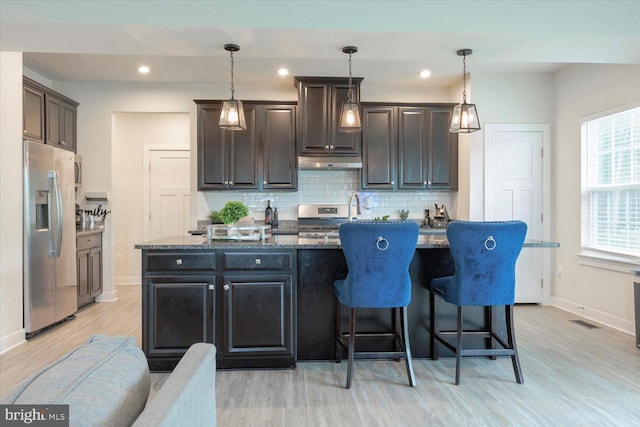 5735 River Shark Ln, Waldorf, MD 20602 - kitchen featuring stainless steel appliances, under cabinet range hood, a kitchen island with sink, tasteful backsplash, and light wood-style flooring