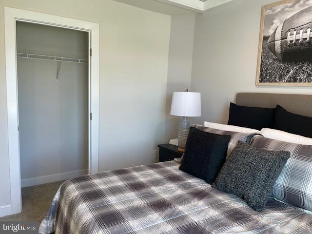 carpeted bedroom with a closet and baseboards