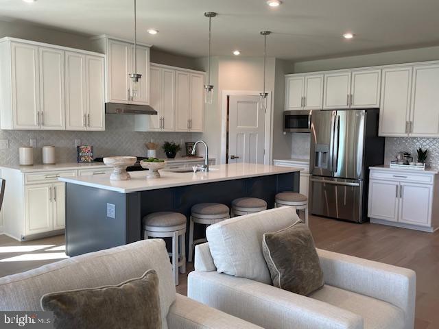 kitchen featuring stainless steel appliances, under cabinet range hood, backsplash, a sink, and open floor plan