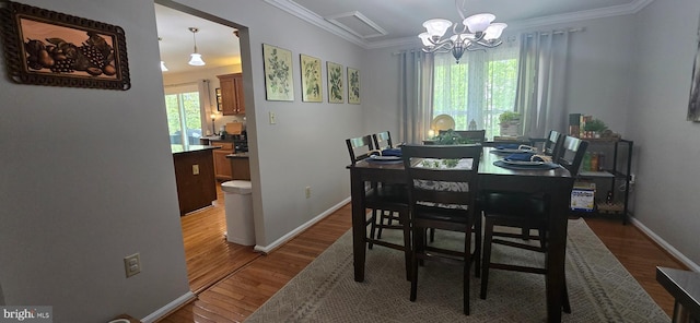 dining area featuring crown molding, a chandelier, wood finished floors, and baseboards